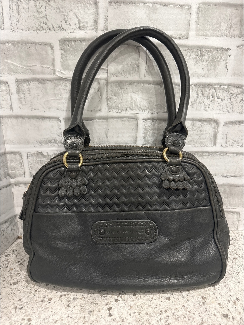 Y2K Juicy Couture Gray Leather Modern Queen Baroque Satchel with Chevron Detail
